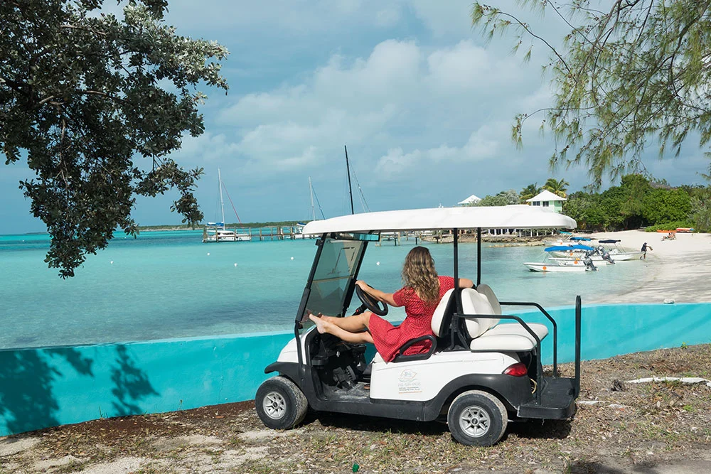 Driving a golf cart around Staniel Cay in Exumas, Bahamas